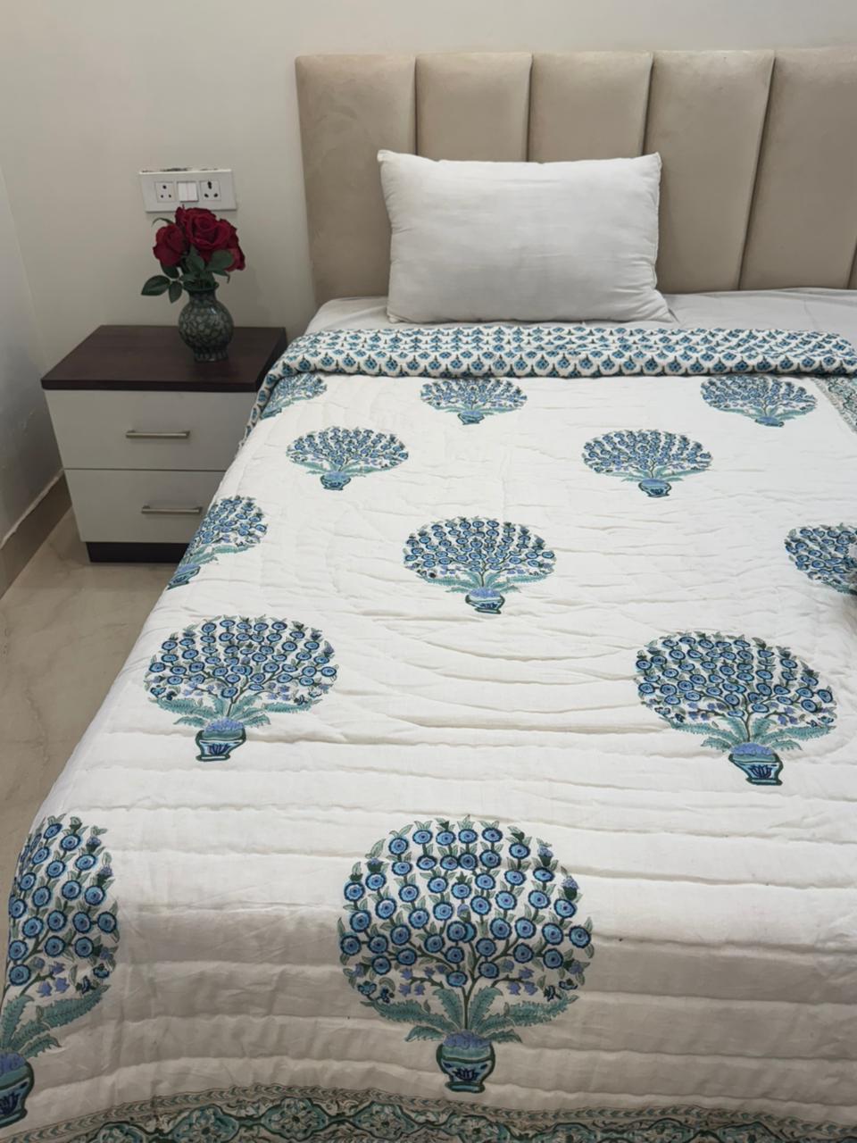 Blue Bouquet Boota Reversible Single Bed Quilt