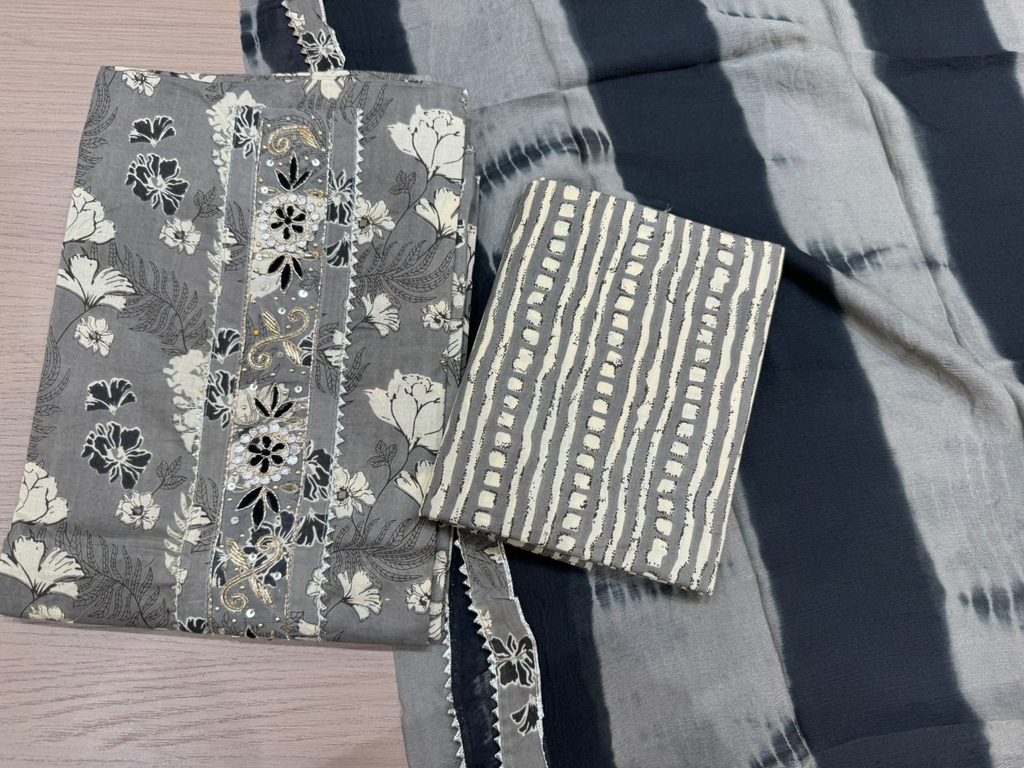 Cotton Hand Work Suit with Chiffon Dupatta
