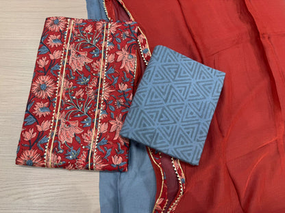 Cotton Hand Work Suit with Chiffon Dupatta