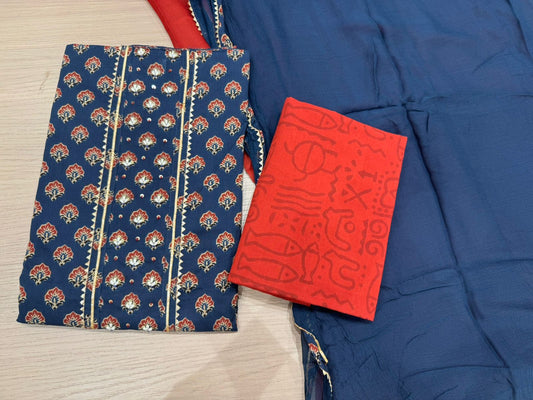 Cotton Hand Work Suit with Chiffon Dupatta
