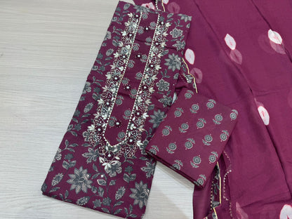 Cotton Hand Work Suit with Chiffon Dupatta