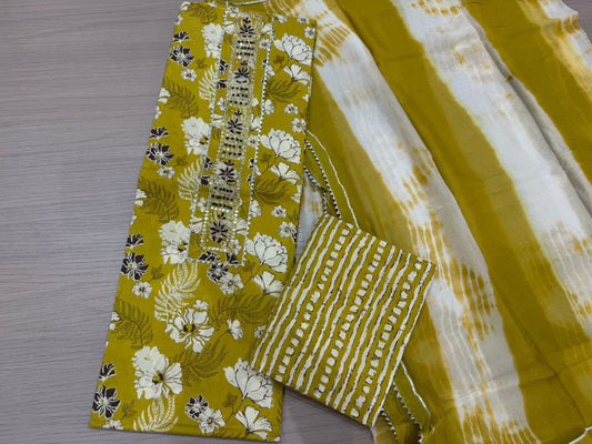 Cotton Hand Work Suit with Chiffon Dupatta