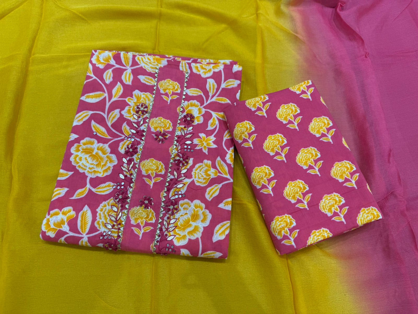 Cotton Hand Work Suit with Chiffon Dupatta