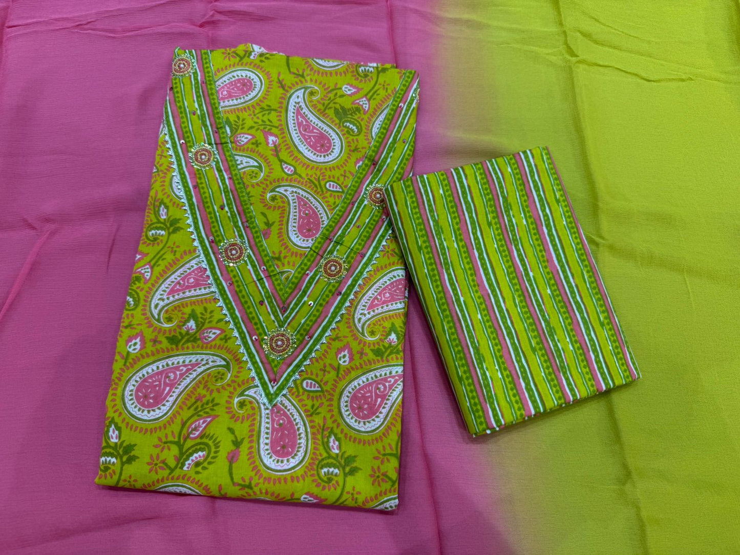 Cotton Hand Work Suit with Chiffon Dupatta