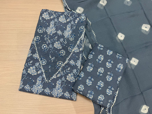 Cotton Hand Work Suit with Chiffon Dupatta