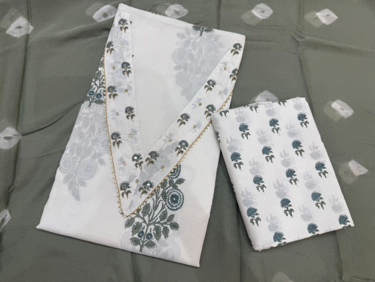 Cotton Hand Work Suit with Chiffon Dupatta