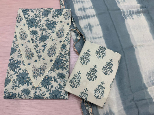Cotton Hand Work Suit with Chiffon Dupatta