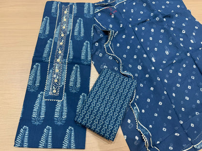 Cotton Hand Work Suit with Chiffon Dupatta