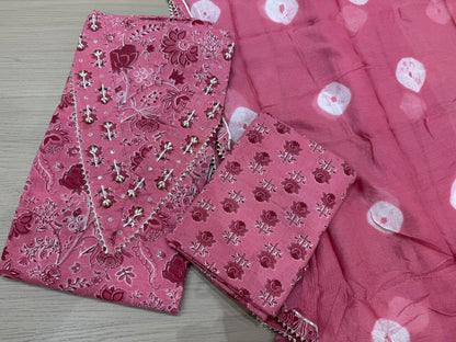 Cotton Hand Work Suit with Chiffon Dupatta