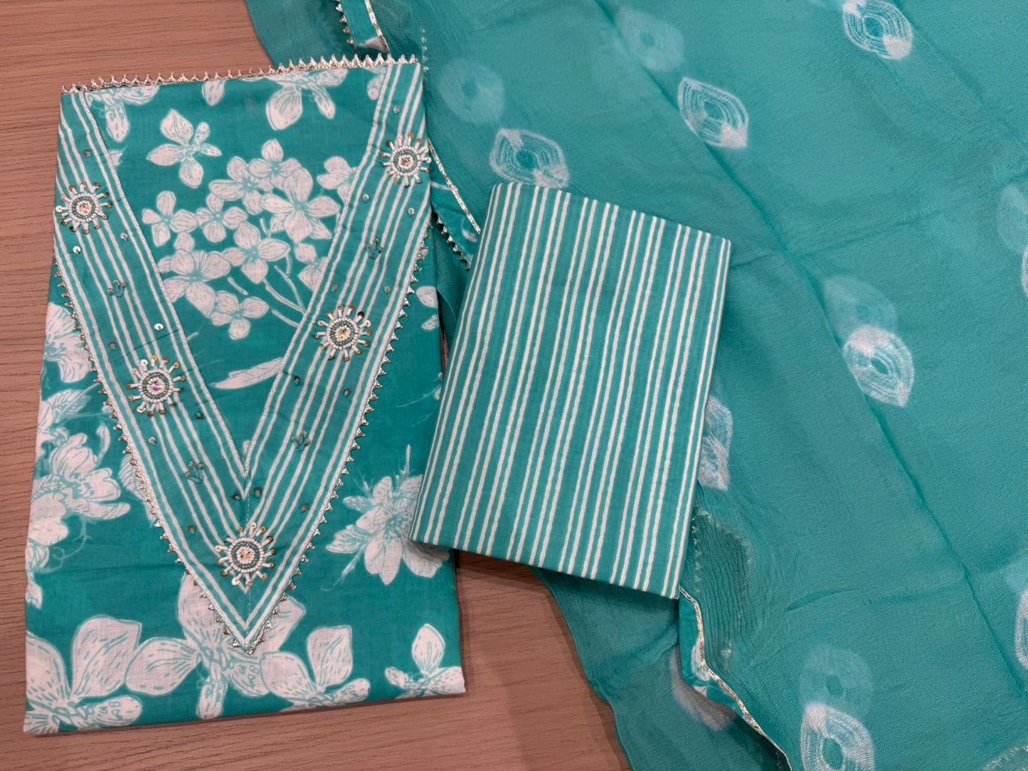 Cotton Hand Work Suit with Chiffon Dupatta