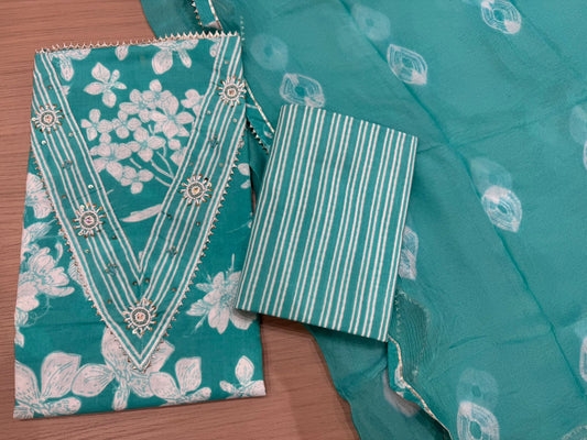 Cotton Hand Work Suit with Chiffon Dupatta