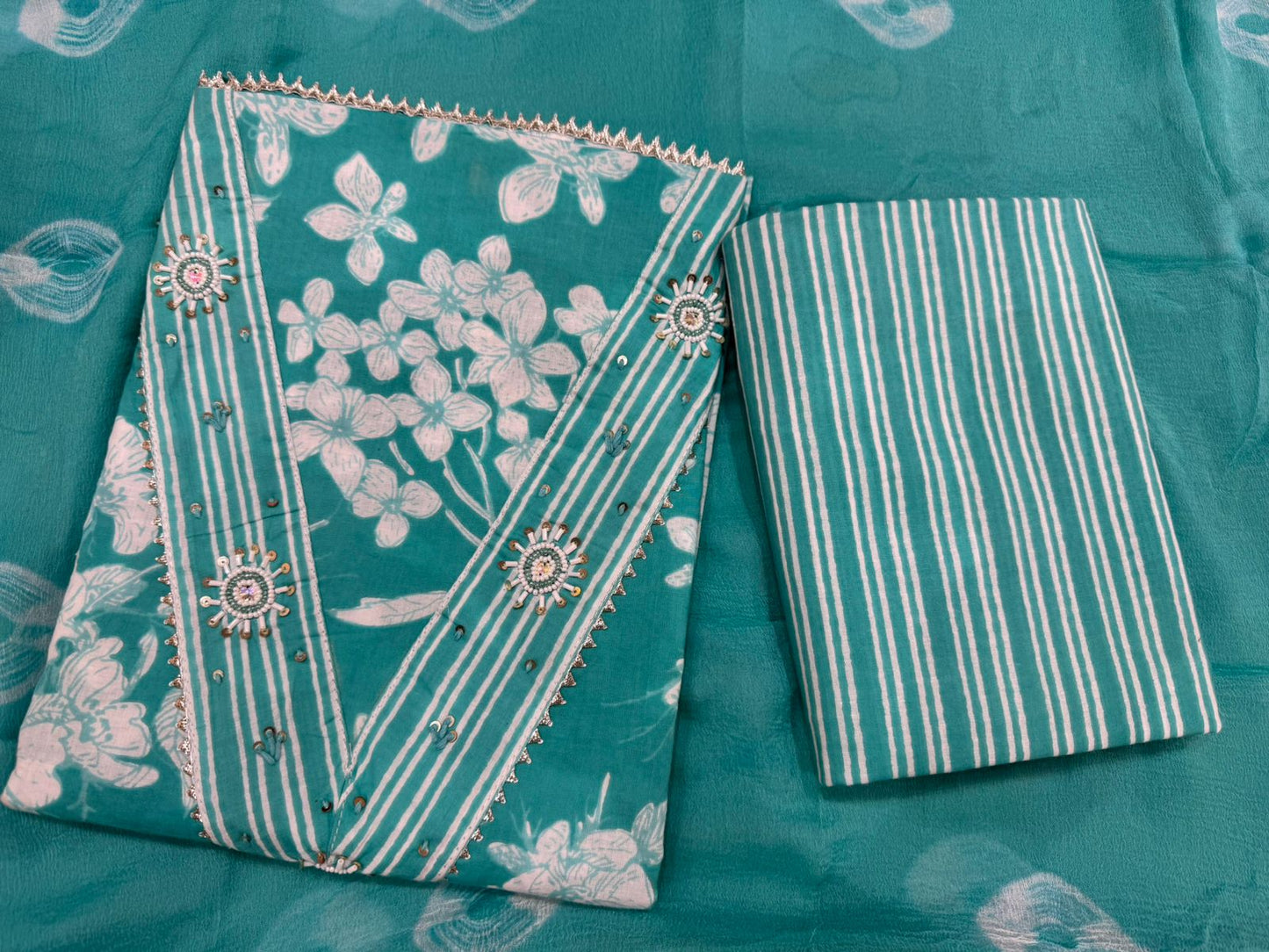 Cotton Hand Work Suit with Chiffon Dupatta
