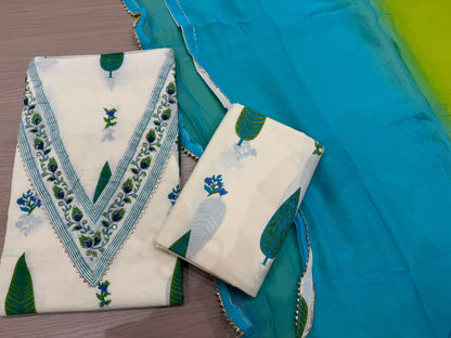 Cotton Hand Work Suit with Chiffon Dupatta