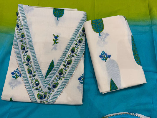 Cotton Hand Work Suit with Chiffon Dupatta