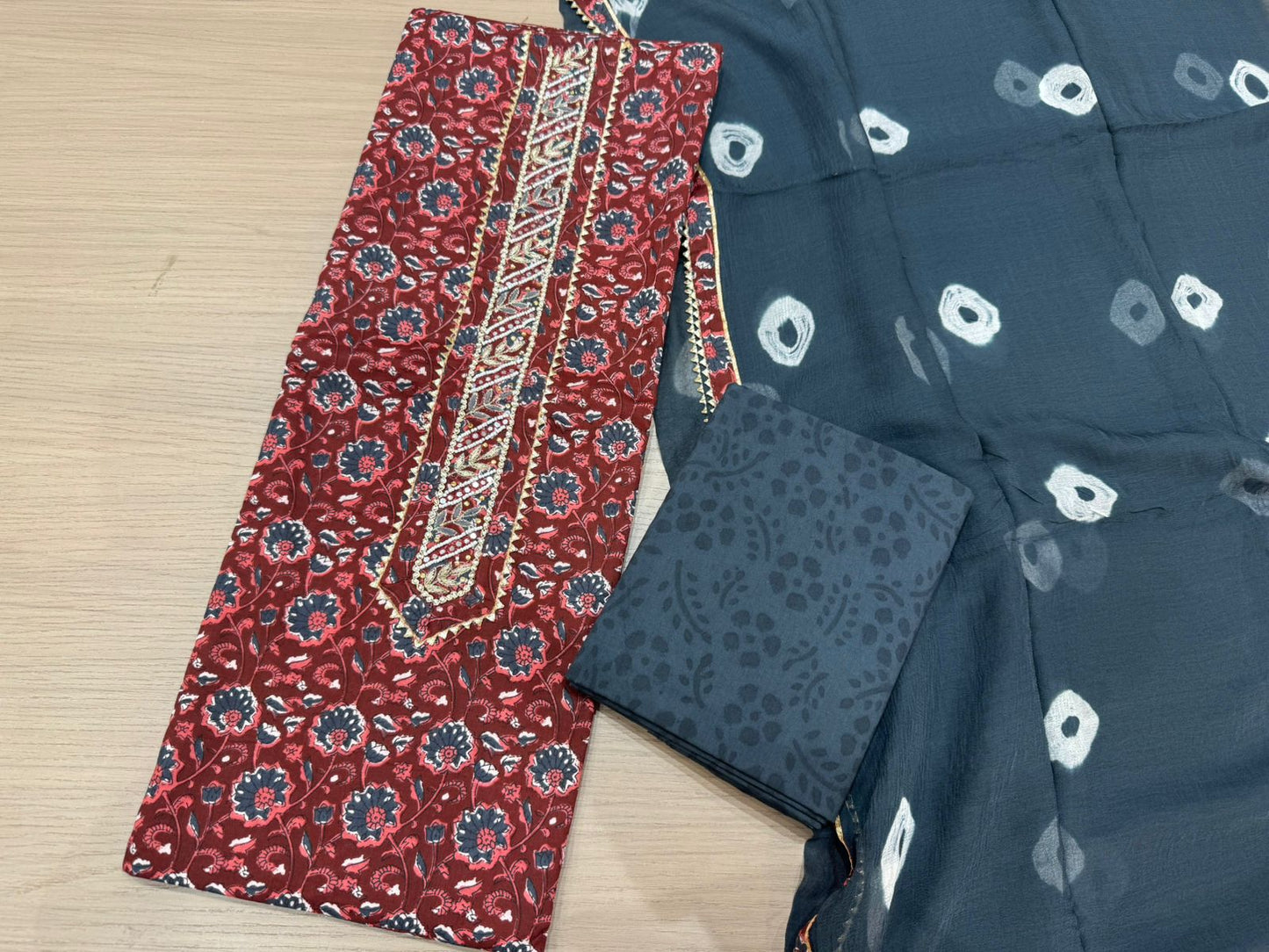 Cotton Hand Work Suit with Chiffon Dupatta