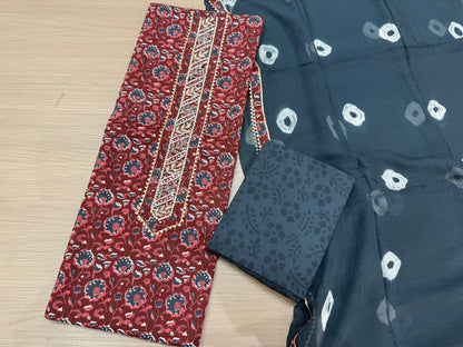 Cotton Hand Work Suit with Chiffon Dupatta