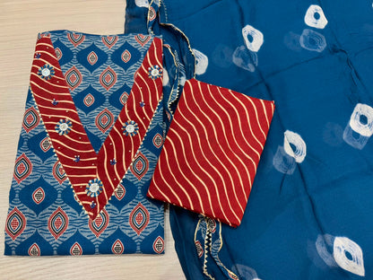 Cotton Hand Work Suit with Chiffon Dupatta