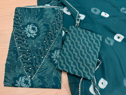Cotton Hand Work Suit with Chiffon Dupatta