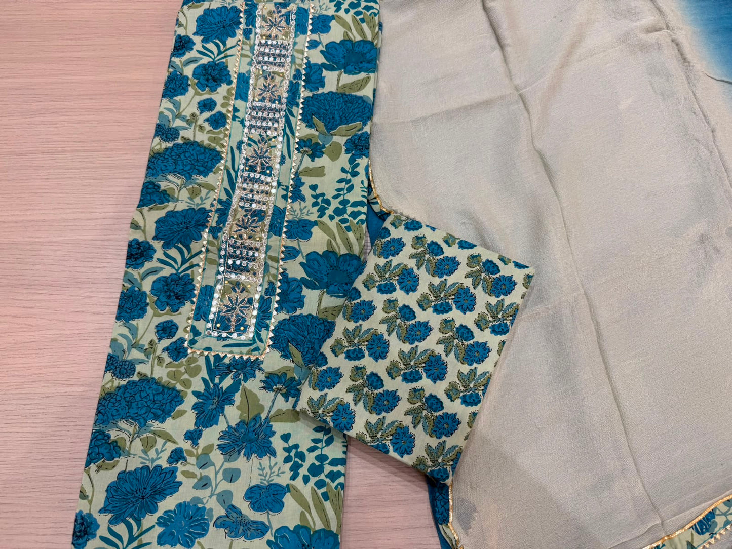 Cotton Hand Work Suit with Chiffon Dupatta
