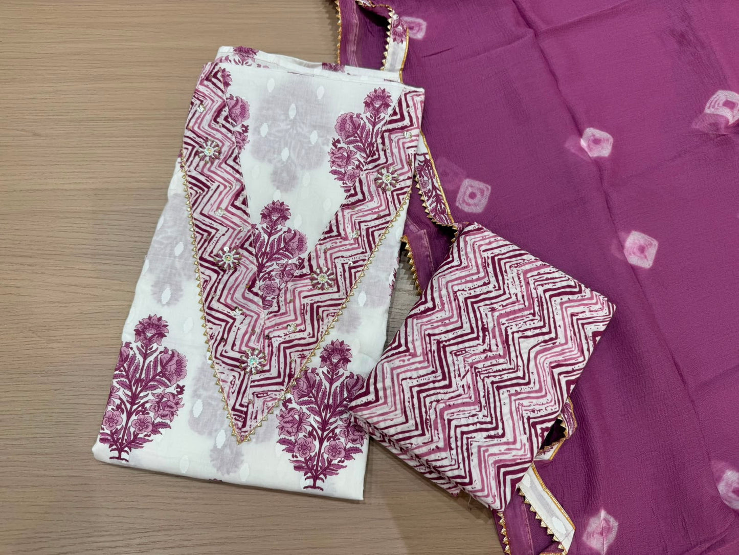 Cotton Hand Work Suit with Chiffon Dupatta
