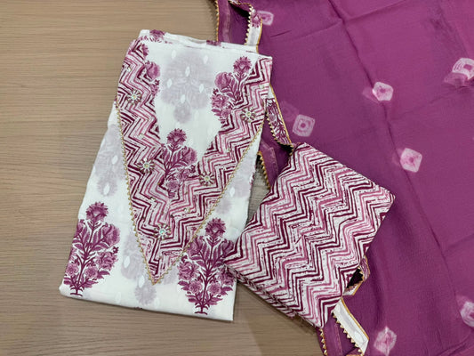 Cotton Hand Work Suit with Chiffon Dupatta