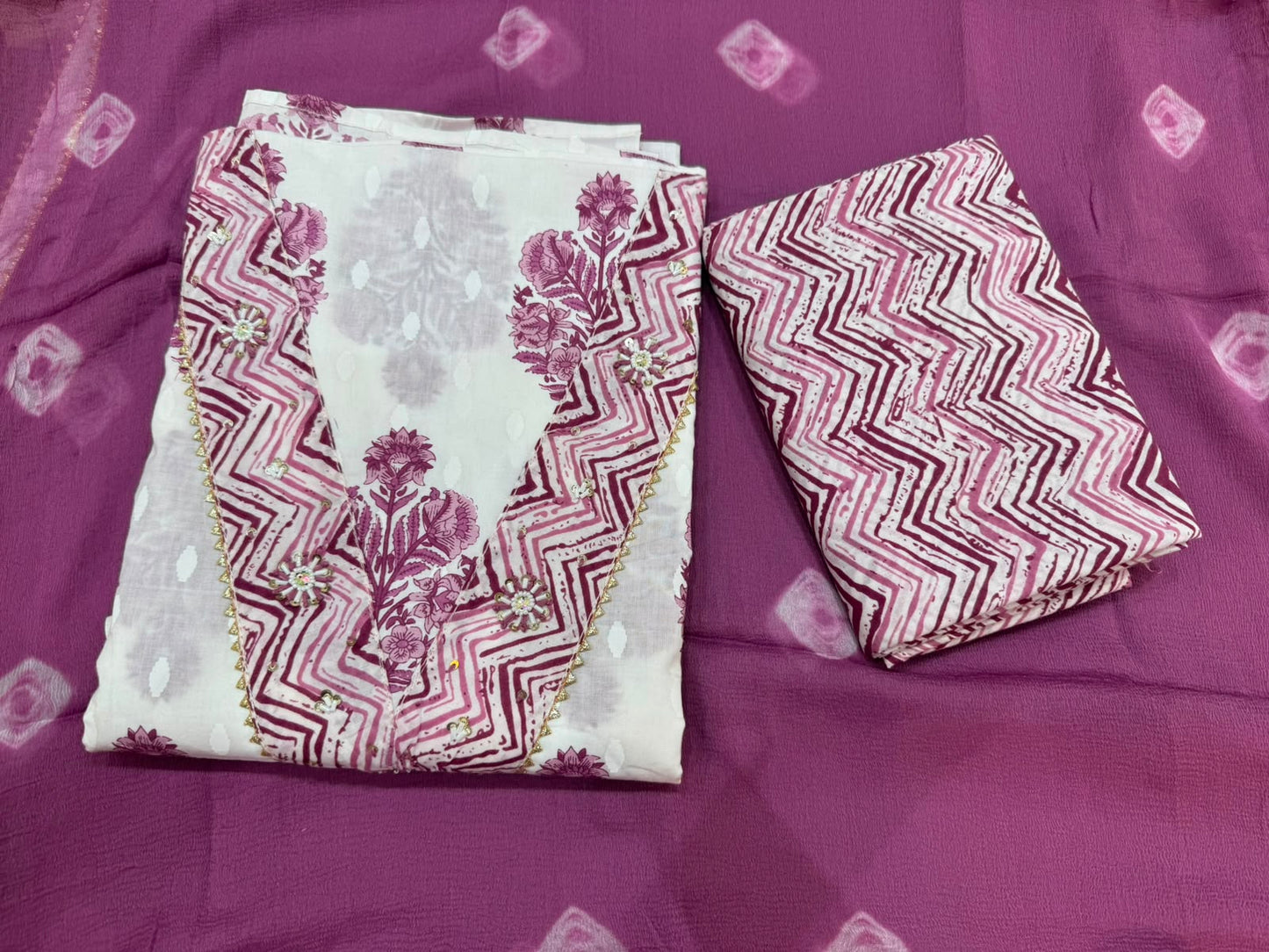 Cotton Hand Work Suit with Chiffon Dupatta