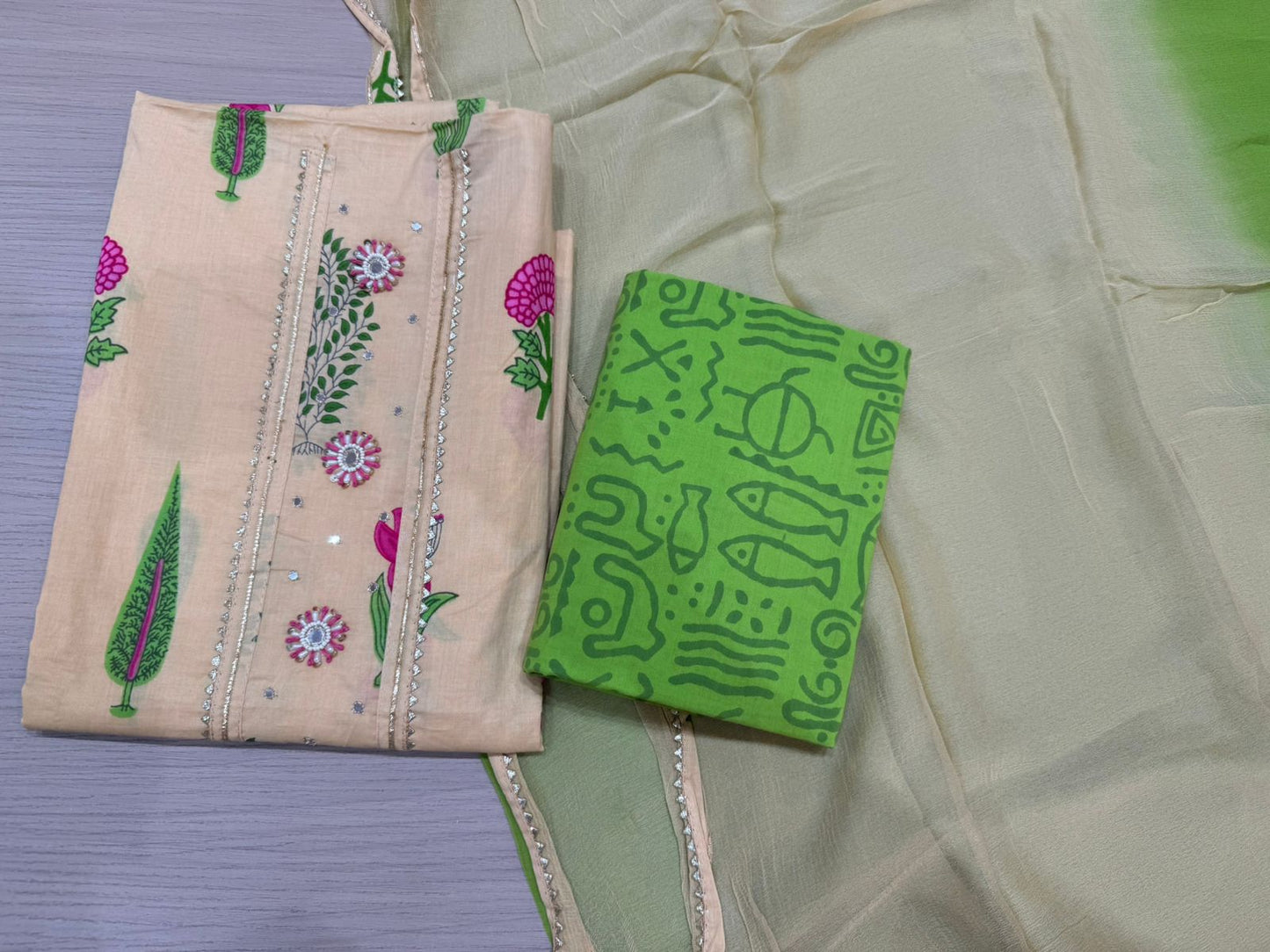 Cotton Hand Work Suit with Chiffon Dupatta