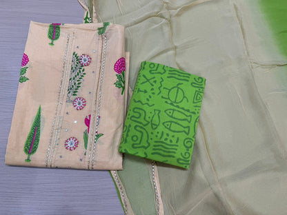 Cotton Hand Work Suit with Chiffon Dupatta