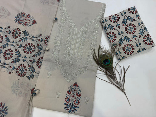 Cotton Self Embroidery Suit with Cotton Dupatta