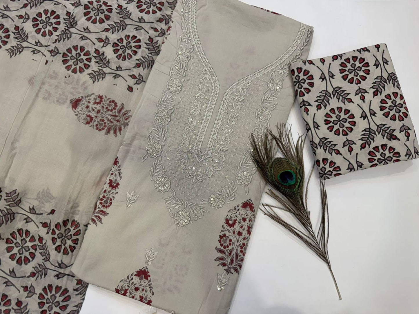 Cotton Self Embroidery Suit with Cotton Dupatta