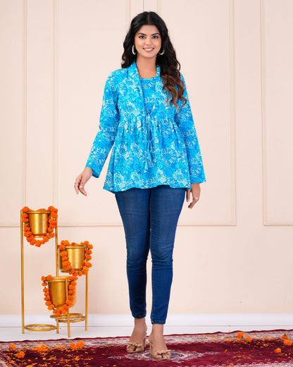 Aqua Blue Florals Blooming Cotton Top