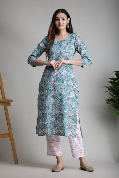 cotton printed kurti pant set