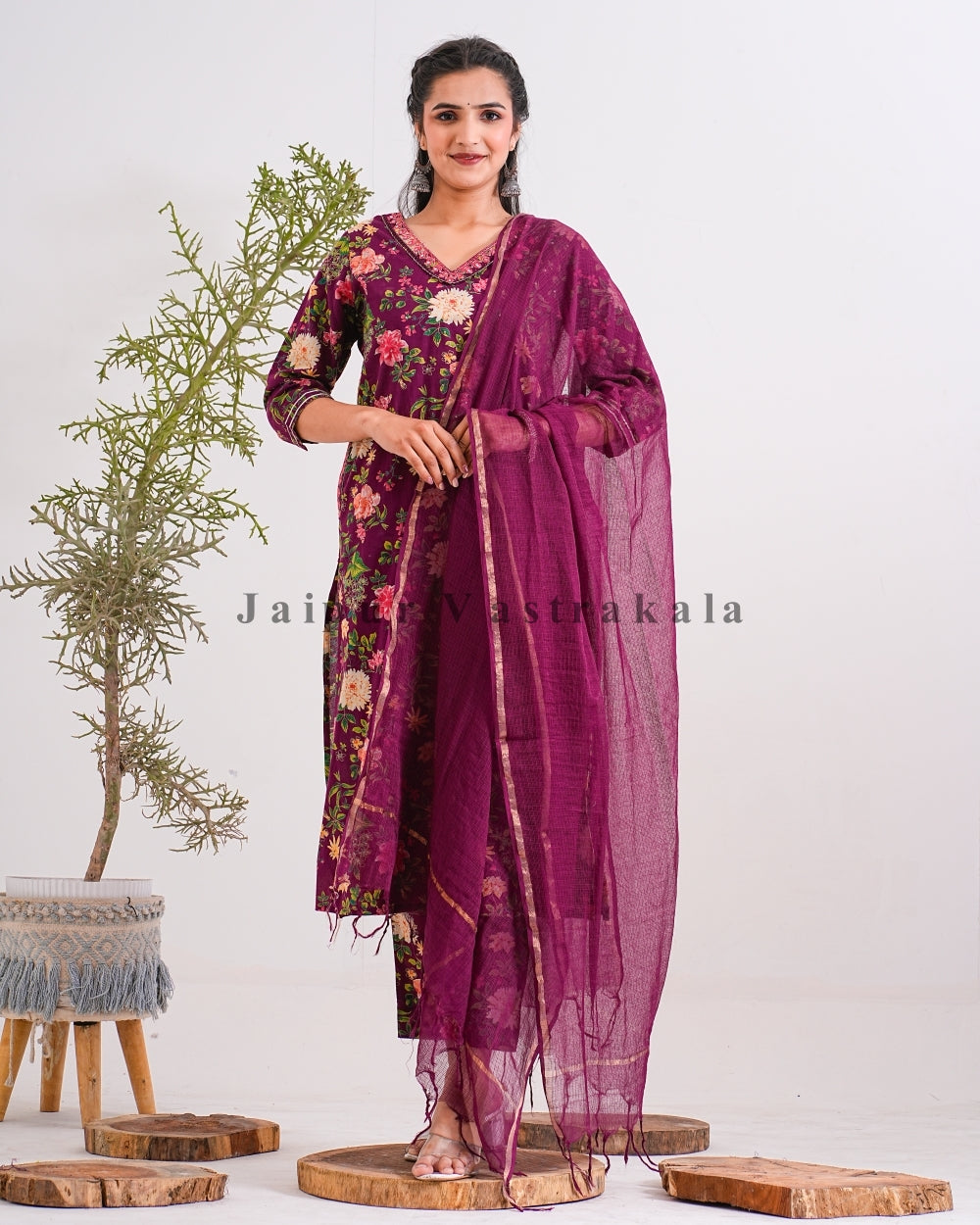 Maroon Flora Retreatl Kota Doriya Dupatta Suit