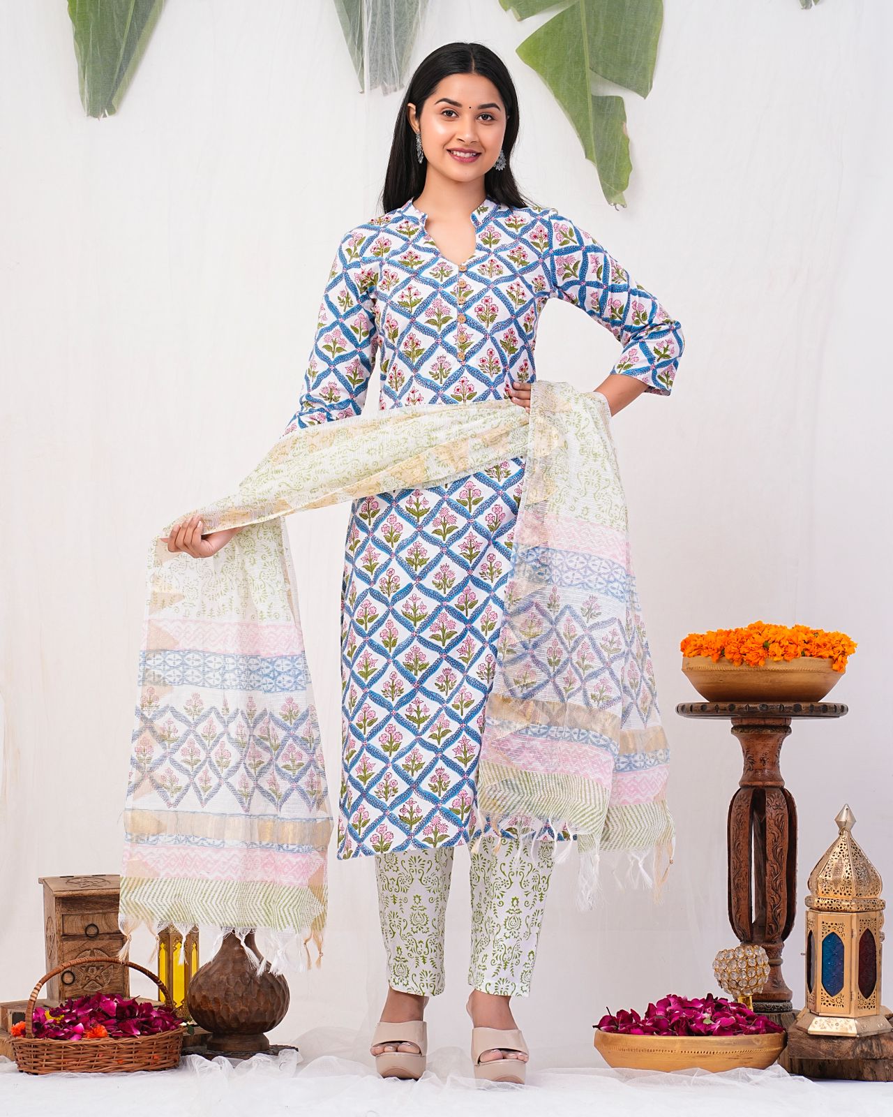 hand block printed kurta set with dupatta