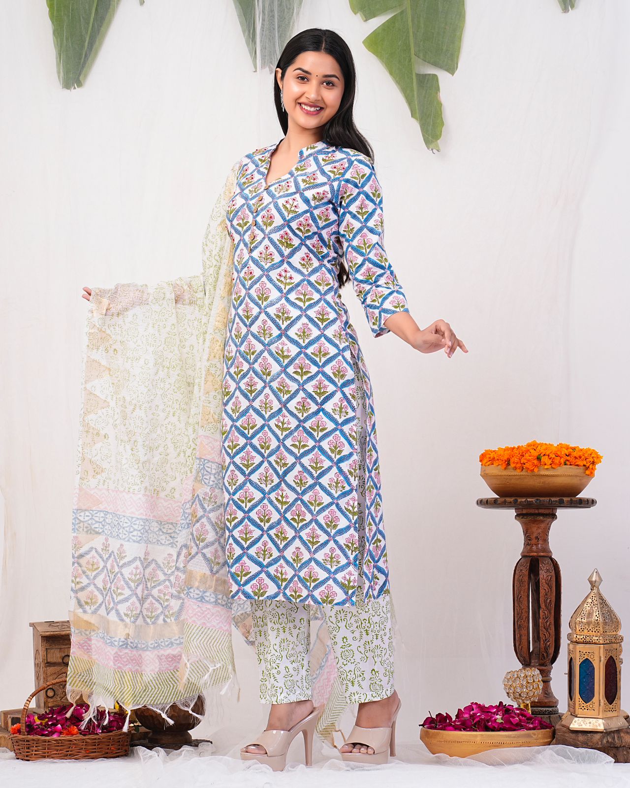 hand block printed kurta set with dupatta