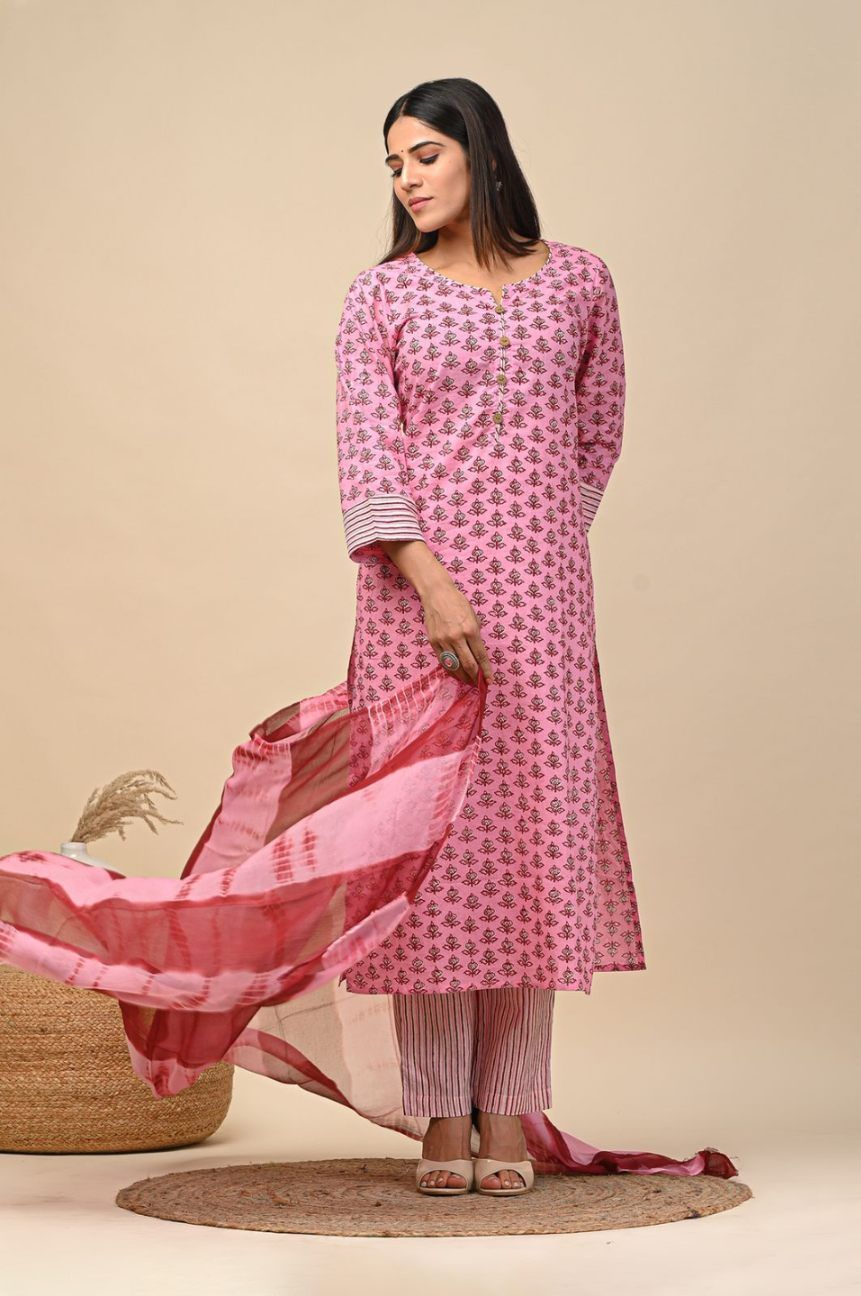 hand block printed kurta set with dupatta