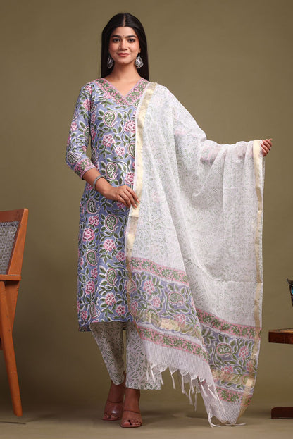 hand block printed kurta set with dupatta