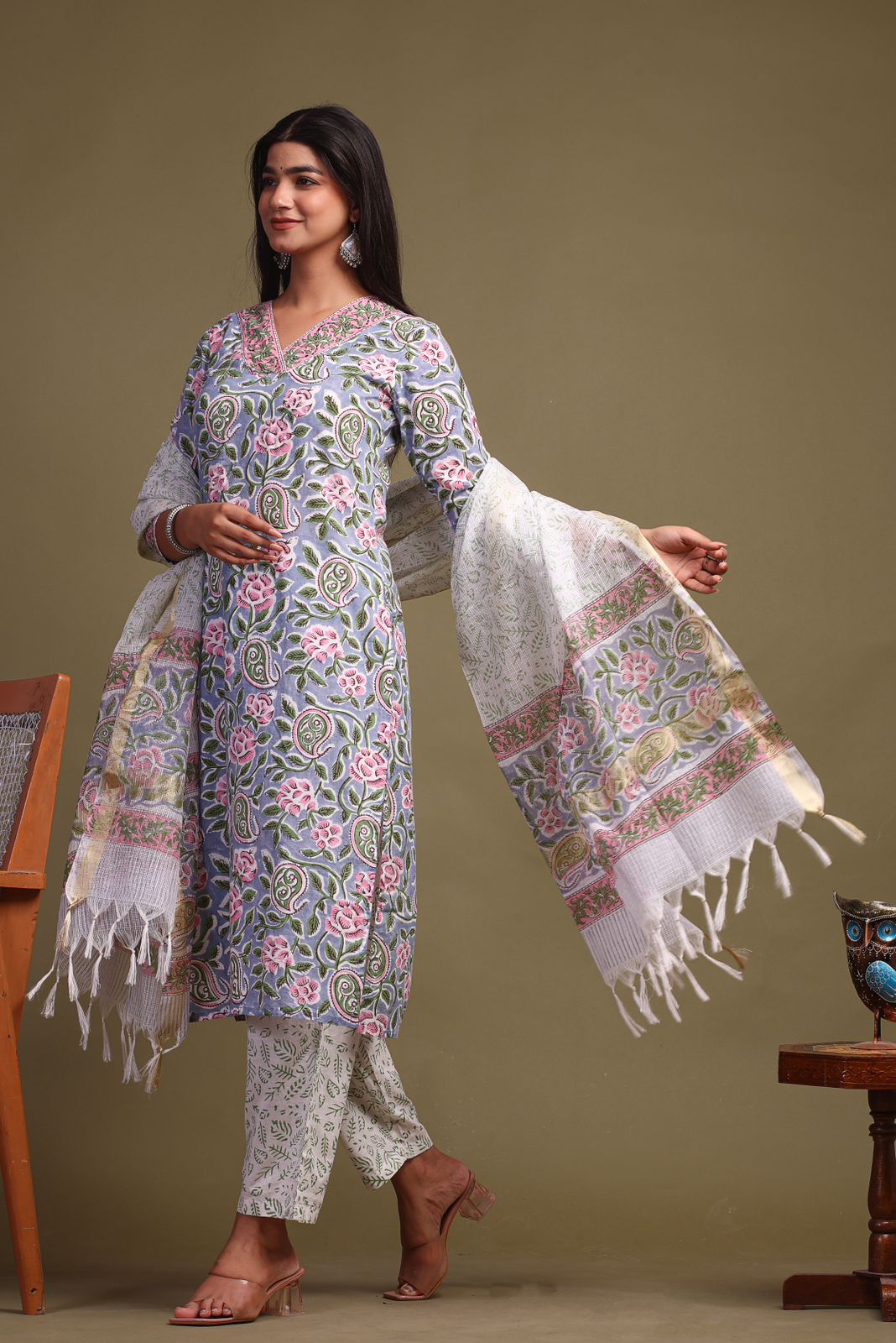 hand block printed kurta set with dupatta